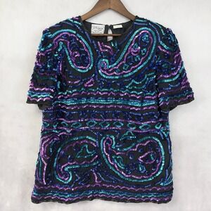 VTG Stenay Plus Womens Sequin Blouse Top Size 1X Silk Evening Glam Art Deco Luxe